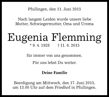 Anzeige von Eugenia Flemming von Reutlinger Generalanzeiger
