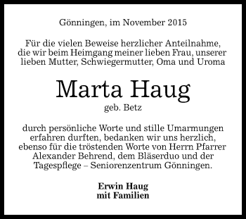 Anzeige von Marta Haug von Reutlinger Generalanzeiger