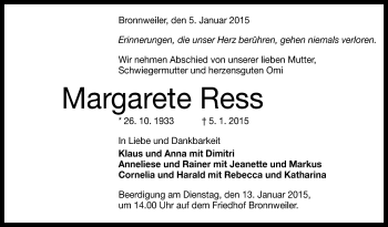 Anzeige von Margarete Ress von Reutlinger Generalanzeiger