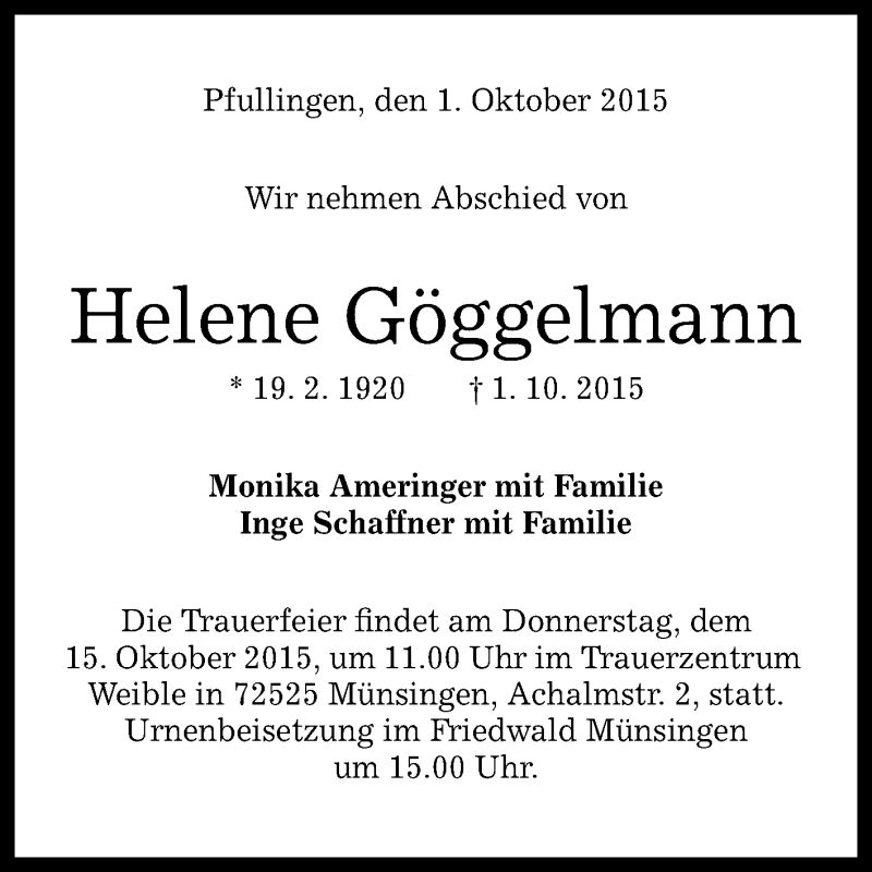  Traueranzeige für Helene Göggelmann vom 10.10.2015 aus Reutlinger Generalanzeiger