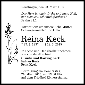 Anzeige von Reina Keck von Reutlinger Generalanzeiger