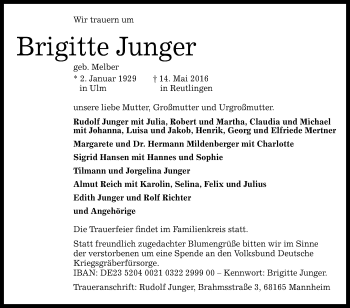 Anzeige von Brigitte Junger von Reutlinger Generalanzeiger