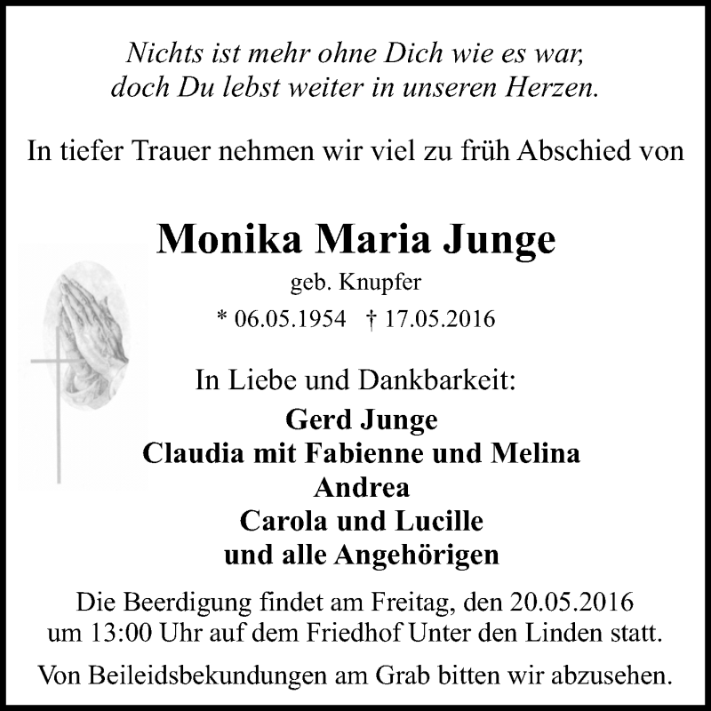  Traueranzeige für Monika Maria Junge vom 18.05.2016 aus Reutlinger Generalanzeiger
