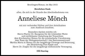 Anzeige von Anneliese Mönch von Reutlinger Generalanzeiger