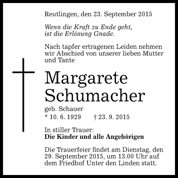 Anzeige von Margarete Schumacher von Reutlinger Generalanzeiger