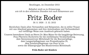 Anzeige von Fritz Roder von Reutlinger Generalanzeiger