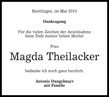 Anzeige von Magda Theilacker von Reutlinger Generalanzeiger