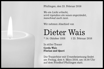 Anzeige von Dieter Wais von Reutlinger Generalanzeiger