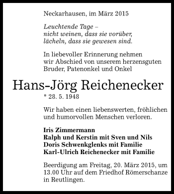 Anzeige von Hans-Jörg Reichenecker von Reutlinger Generalanzeiger