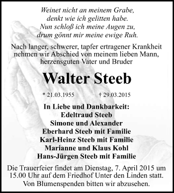 Anzeige von Walter Steeb von Reutlinger Generalanzeiger