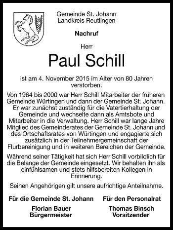 Anzeige von Paul Schill von Reutlinger Generalanzeiger