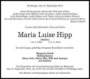 Anzeige von Maria Luise Hipp von Reutlinger Generalanzeiger