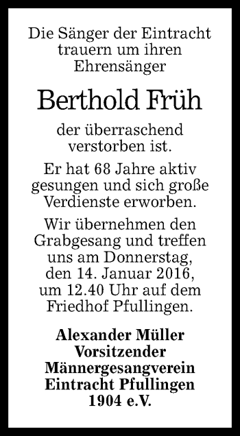 Anzeige von Berthold Früh von Reutlinger Generalanzeiger