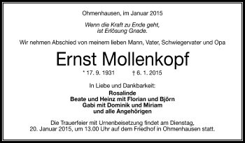 Anzeige von Ernst Mollenkopf von Reutlinger Generalanzeiger