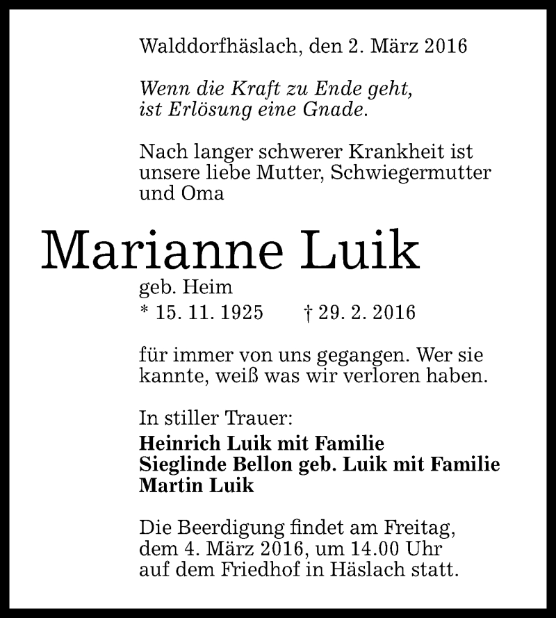  Traueranzeige für Marianne Luik vom 02.03.2016 aus Reutlinger Generalanzeiger