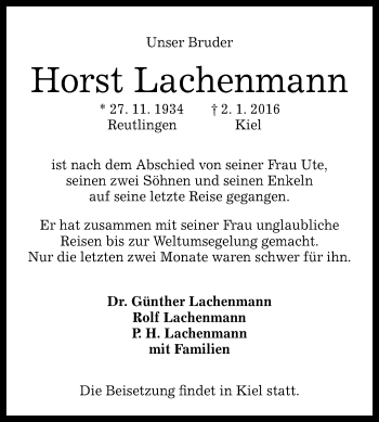 Anzeige von Horst Lachenmann von Reutlinger Generalanzeiger