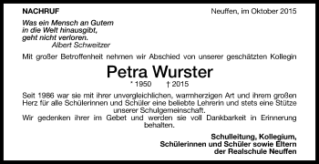 Anzeige von Petra Wurster von Reutlinger Generalanzeiger