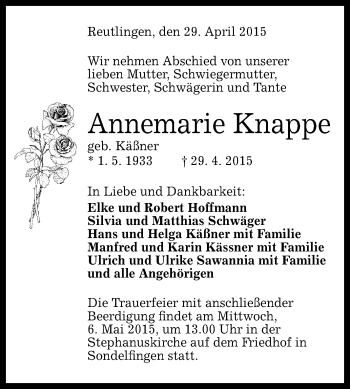Anzeige von Annemarie Knappe von Reutlinger Generalanzeiger