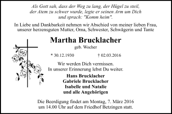 Anzeige von Martha Brucklacher von Reutlinger Generalanzeiger