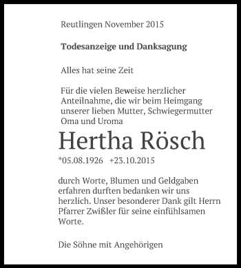 Anzeige von Hertha Rösch von Reutlinger Generalanzeiger