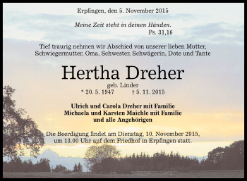 Anzeige von Hertha Dreher von Reutlinger Generalanzeiger