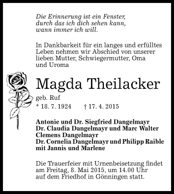 Anzeige von Magda Theilacker von Reutlinger Generalanzeiger