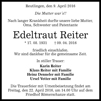 Anzeige von Edeltraut Reiter von Reutlinger Generalanzeiger