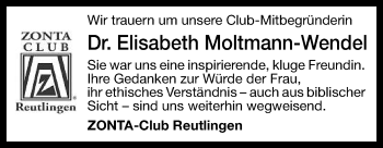 Anzeige von Elisabeth Moltmann-Wendel von Reutlinger Generalanzeiger