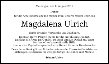 Anzeige von Magdalena Ulrich von Reutlinger Generalanzeiger