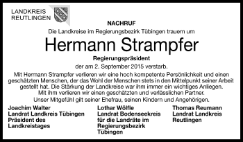 Anzeige von Hermann Strampfer von Reutlinger Generalanzeiger