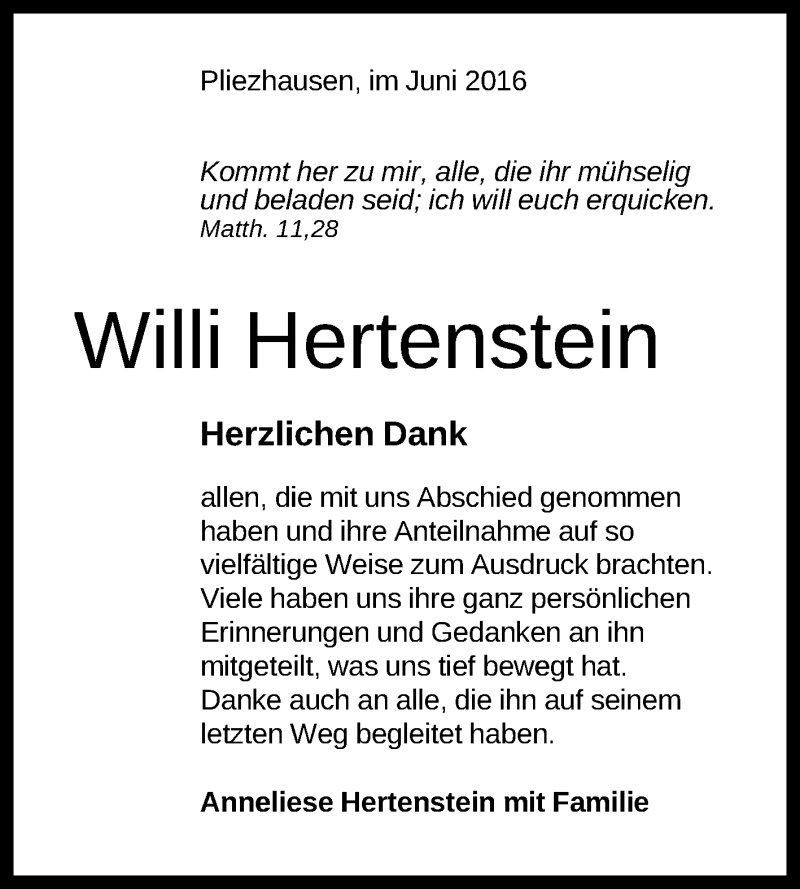  Traueranzeige für Willi Hertenstein vom 18.06.2016 aus Reutlinger Generalanzeiger