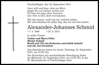 Anzeige von Alexander-Johannes Schmid von Reutlinger Generalanzeiger
