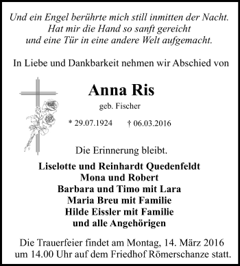 Anzeige von Anna Ris von Reutlinger Generalanzeiger
