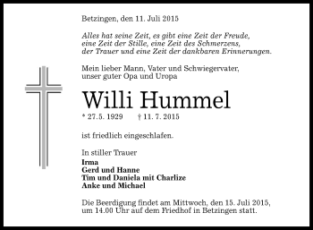 Anzeige von Willi Hummel von Reutlinger Generalanzeiger