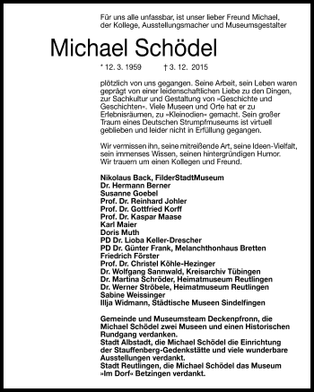 Anzeige von Michael Schödel von Reutlinger Generalanzeiger