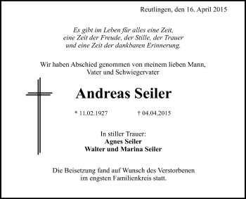 Anzeige von Andreas Seiler  von Reutlinger Generalanzeiger