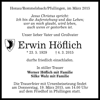 Anzeige von Erwin Höflich von Reutlinger Generalanzeiger