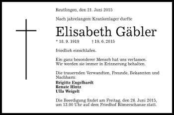 Anzeige von Elisabeth Gäbler von Reutlinger Generalanzeiger