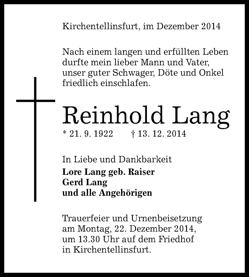  Traueranzeige für Reinhold Lang vom 18.12.2014 aus Reutlinger Generalanzeiger