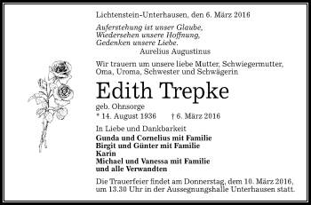 Anzeige von Edith Trepke von Reutlinger Generalanzeiger