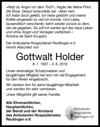 Anzeige von Gottwalt Holder von Reutlinger Generalanzeiger