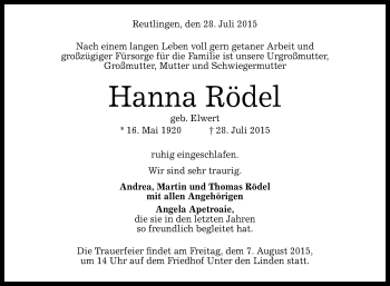 Anzeige von Hanna Rödel von Reutlinger Generalanzeiger