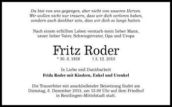 Anzeige von Fritz Roder von Reutlinger Generalanzeiger