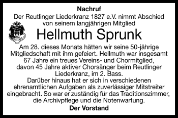 Anzeige von Hellmuth Sprunk von Reutlinger Generalanzeiger