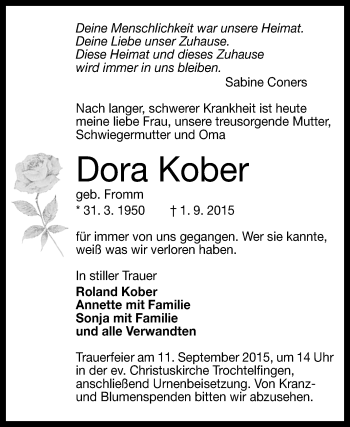 Anzeige von Dora Kober von Reutlinger Generalanzeiger