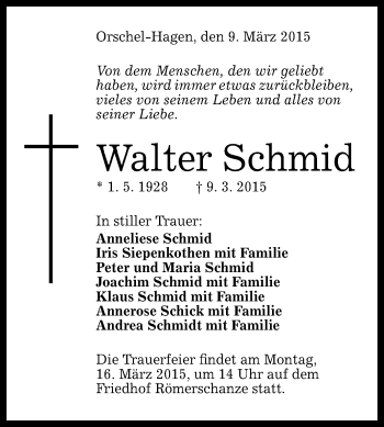 Anzeige von Walter Schmid von Reutlinger Generalanzeiger