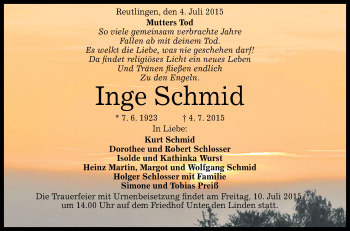 Anzeige von Inge Schmid von Reutlinger Generalanzeiger