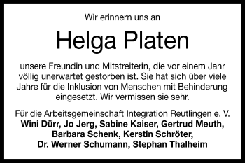 Anzeige von Helga Platen von Reutlinger Generalanzeiger