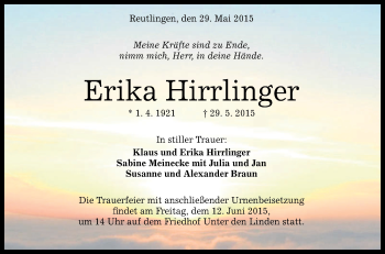 Anzeige von Erika Hirrlinger von Reutlinger Generalanzeiger