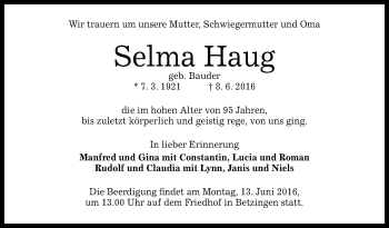 Anzeige von Selma Haug von Reutlinger Generalanzeiger